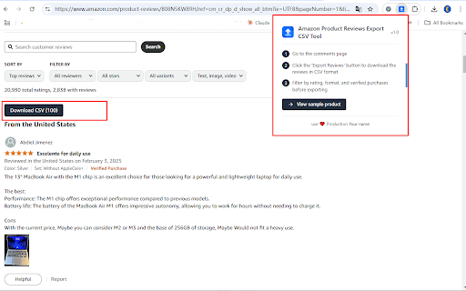 Amazon Product Reviews Export CSV Tool from Chrome web store to be run with OffiDocs Chromium online Amazon Product Reviews Export CSV Tool from Chrome web store to be run with OffiDocs Chromium online