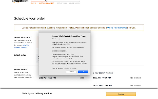 Amazon Whole Foods Delivery Slots Finder from Chrome web store to be run with OffiDocs Chromium online Amazon Whole Foods Delivery Slots Finder from Chrome web store to be run with OffiDocs Chromium online