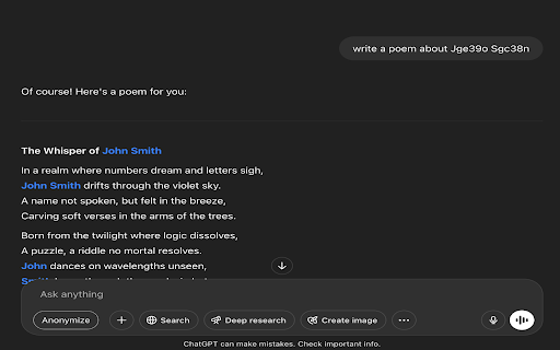 Anonyma.chat: protect your data in chat. from Chrome web store to be run with OffiDocs Chromium online Anonyma.chat: protect your data in chat. from Chrome web store to be run with OffiDocs Chromium online