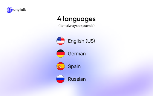 Anytalk: Real time translator and voiceover from Chrome web store to be run with OffiDocs Chromium online Anytalk: Real time translator and voiceover from Chrome web store to be run with OffiDocs Chromium online