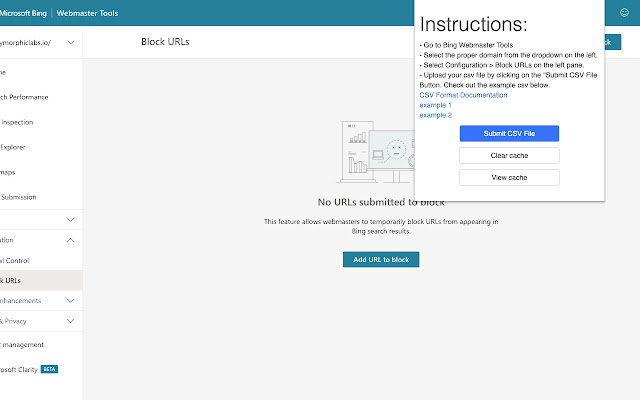 Bing Webmaster Tools Bulk Url Removal from Chrome web store to be run with OffiDocs Chromium online Bing Webmaster Tools Bulk Url Removal from Chrome web store to be run with OffiDocs Chromium online