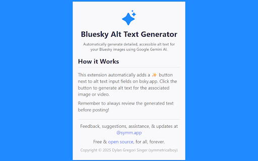Bluesky Alt Text Generator from Chrome web store to be run with OffiDocs Chromium online Bluesky Alt Text Generator from Chrome web store to be run with OffiDocs Chromium online