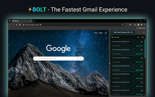 Bolt: The Fastest Gmail Experience ⚡ from Chrome web store to be run with OffiDocs Chromium online Bolt: The Fastest Gmail Experience ⚡ from Chrome web store to be run with OffiDocs Chromium online