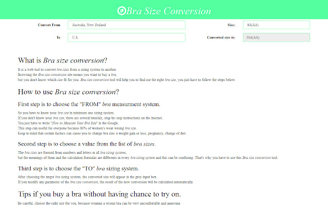 Bra Size Conversion from Chrome web store to be run with OffiDocs Chromium online Bra Size Conversion from Chrome web store to be run with OffiDocs Chromium online