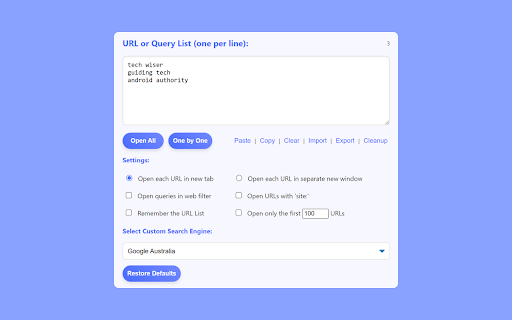 Bulk URL Opener Open Multiple URLs or Search Queries from Chrome web store to be run with OffiDocs Chromium online Bulk URL Opener Open Multiple URLs or Search Queries from Chrome web store to be run with OffiDocs Chromium online
