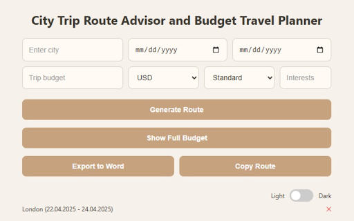 City Trip Route Advisor and Budget Travel Planner from Chrome web store to be run with OffiDocs Chromium online City Trip Route Advisor and Budget Travel Planner from Chrome web store to be run with OffiDocs Chromium online