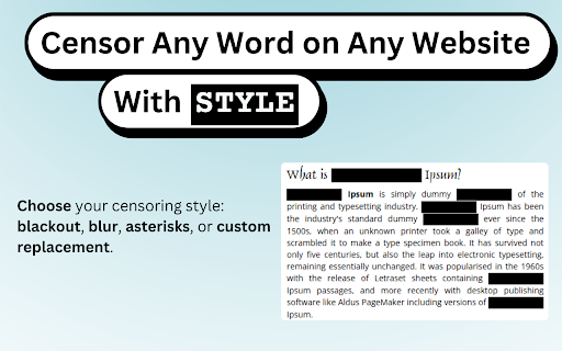 Classify Hide Censor Words from Chrome web store to be run with OffiDocs Chromium online Classify Hide Censor Words from Chrome web store to be run with OffiDocs Chromium online