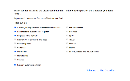 CleanFeed for the Guardian from Chrome web store to be run with OffiDocs Chromium online CleanFeed for the Guardian from Chrome web store to be run with OffiDocs Chromium online