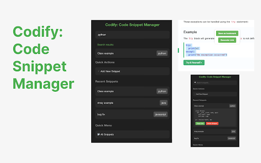 Codify: Code Snippet Manager for Chrome from Chrome web store to be run with OffiDocs Chromium online Codify: Code Snippet Manager for Chrome from Chrome web store to be run with OffiDocs Chromium online