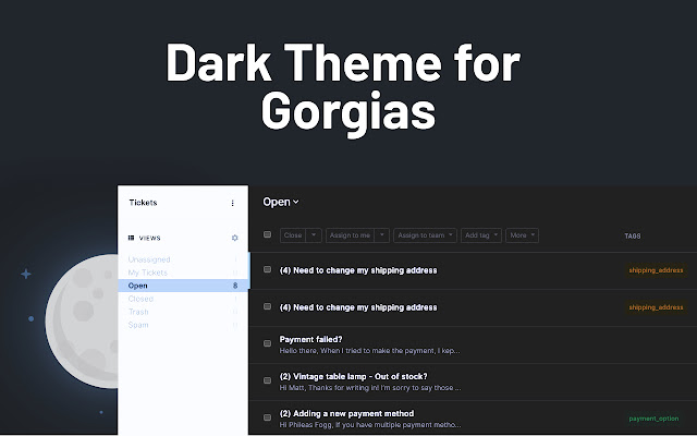 Dark mode for Gorgias from Chrome web store to be run with OffiDocs Chromium online Dark mode for Gorgias from Chrome web store to be run with OffiDocs Chromium online