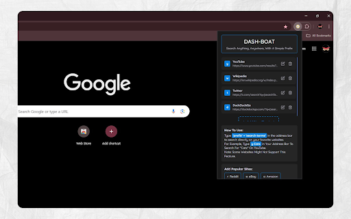 DashBoat Search any site instantly—type a keyword before your query. from Chrome web store to be run with OffiDocs Chromium online DashBoat Search any site instantly—type a keyword before your query. from Chrome web store to be run with OffiDocs Chromium online