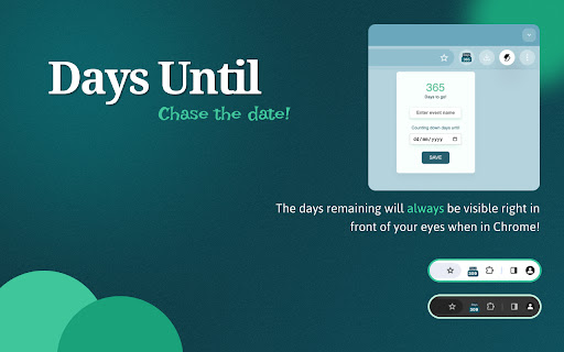 Days Until Days Countdown from Chrome web store to be run with OffiDocs Chromium online Days Until Days Countdown from Chrome web store to be run with OffiDocs Chromium online