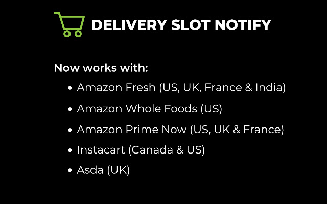 Delivery Slot Notify from Chrome web store to be run with OffiDocs Chromium online Delivery Slot Notify from Chrome web store to be run with OffiDocs Chromium online
