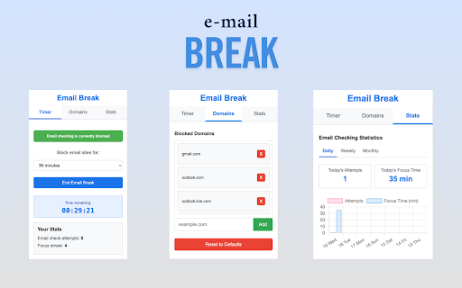 Email Break Block Site Focus Mode from Chrome web store to be run with OffiDocs Chromium online Email Break Block Site Focus Mode from Chrome web store to be run with OffiDocs Chromium online