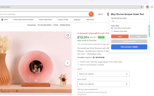 Etsy product review scraper tool from Chrome web store to be run with OffiDocs Chromium online Etsy product review scraper tool from Chrome web store to be run with OffiDocs Chromium online