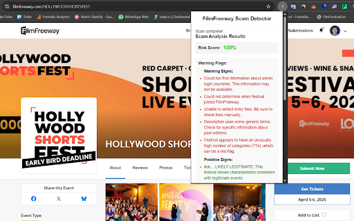 FilmFreeway Scam Detector from Chrome web store to be run with OffiDocs Chromium online FilmFreeway Scam Detector from Chrome web store to be run with OffiDocs Chromium online