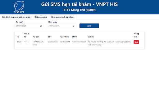 Gửi SMS Hẹn Tái Khám VNPT HIS 86019 from Chrome web store to be run with OffiDocs Chromium online Gửi SMS Hẹn Tái Khám VNPT HIS 86019 from Chrome web store to be run with OffiDocs Chromium online