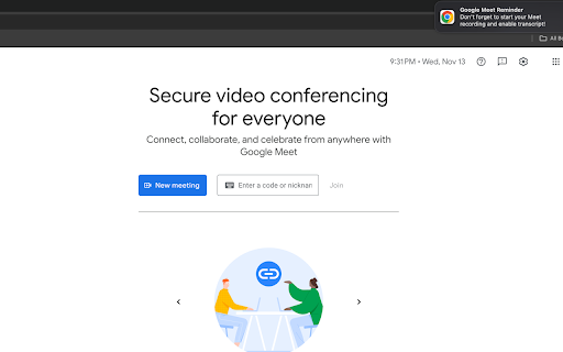 Google Meet Recording Reminder from Chrome web store to be run with OffiDocs Chromium online Google Meet Recording Reminder from Chrome web store to be run with OffiDocs Chromium online