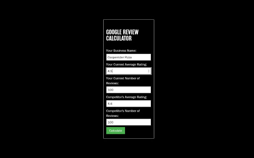 Google Review Calculator from Chrome web store to be run with OffiDocs Chromium online Google Review Calculator from Chrome web store to be run with OffiDocs Chromium online