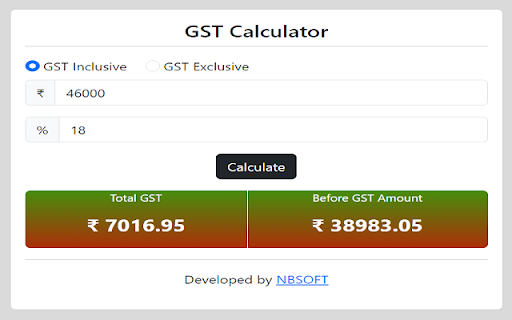 GST Calculator NBSOFT from Chrome web store to be run with OffiDocs Chromium online GST Calculator NBSOFT from Chrome web store to be run with OffiDocs Chromium online