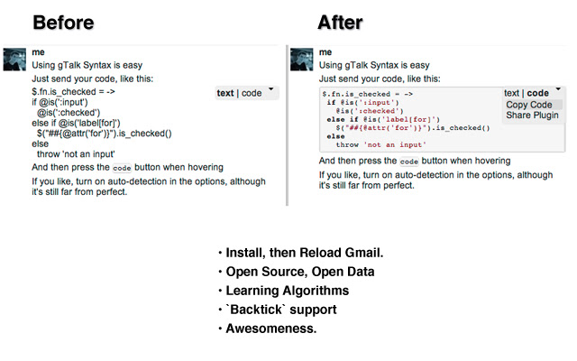 gTalk Syntax Highlighting from Chrome web store to be run with OffiDocs Chromium online gTalk Syntax Highlighting from Chrome web store to be run with OffiDocs Chromium online