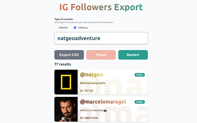 IG Followers Export from Chrome web store to be run with OffiDocs Chromium online IG Followers Export from Chrome web store to be run with OffiDocs Chromium online
