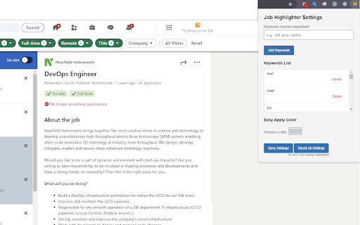 Job Listing Filter from Chrome web store to be run with OffiDocs Chromium online Job Listing Filter from Chrome web store to be run with OffiDocs Chromium online