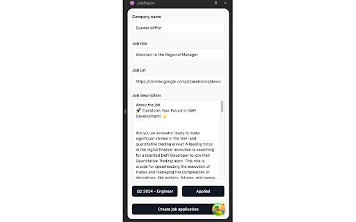 JobTrackr from Chrome web store to be run with OffiDocs Chromium online JobTrackr from Chrome web store to be run with OffiDocs Chromium online