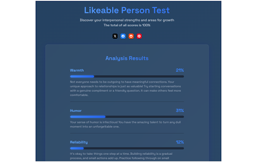 Likeable Person Test from Chrome web store to be run with OffiDocs Chromium online Likeable Person Test from Chrome web store to be run with OffiDocs Chromium online