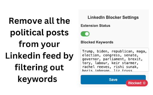 LinkedIn Political Content Blocker from Chrome web store to be run with OffiDocs Chromium online LinkedIn Political Content Blocker from Chrome web store to be run with OffiDocs Chromium online