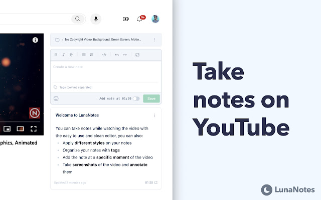 LunaNotes Take notes on YouTube™ from Chrome web store to be run with OffiDocs Chromium online LunaNotes Take notes on YouTube™ from Chrome web store to be run with OffiDocs Chromium online
