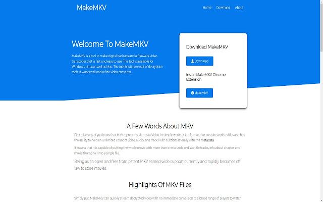 Make MKV Official Site for MakeMKV Software from Chrome web store to be run with OffiDocs Chromium online Make MKV Official Site for MakeMKV Software from Chrome web store to be run with OffiDocs Chromium online