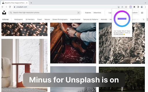 Minus for UnsplashRemove Unsplash+ from Chrome web store to be run with OffiDocs Chromium online Minus for UnsplashRemove Unsplash+ from Chrome web store to be run with OffiDocs Chromium online