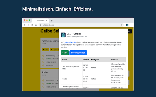 MyEasyBusiness Scraper from Chrome web store to be run with OffiDocs Chromium online MyEasyBusiness Scraper from Chrome web store to be run with OffiDocs Chromium online