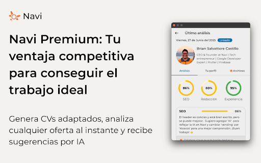 Navi: Mejora tus oportunidades laborales con IA from Chrome web store to be run with OffiDocs Chromium online Navi: Mejora tus oportunidades laborales con IA from Chrome web store to be run with OffiDocs Chromium online