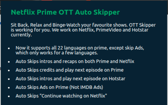 Netflix Prime OTT Auto Skipper from Chrome web store to be run with OffiDocs Chromium online Netflix Prime OTT Auto Skipper from Chrome web store to be run with OffiDocs Chromium online