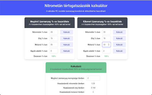 Nitrometán térfogatszázalék kalkulátor from Chrome web store to be run with OffiDocs Chromium online Nitrometán térfogatszázalék kalkulátor from Chrome web store to be run with OffiDocs Chromium online