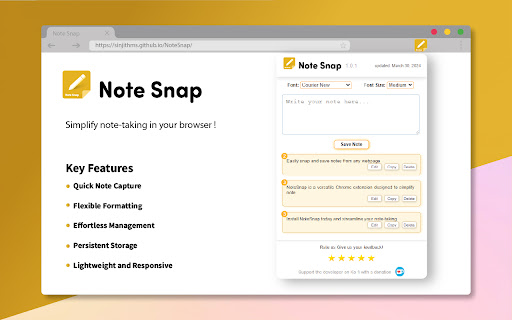 Note Snap from Chrome web store to be run with OffiDocs Chromium online Note Snap from Chrome web store to be run with OffiDocs Chromium online