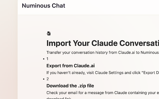 Numinous Chat Claude Importer from Chrome web store to be run with OffiDocs Chromium online Numinous Chat Claude Importer from Chrome web store to be run with OffiDocs Chromium online