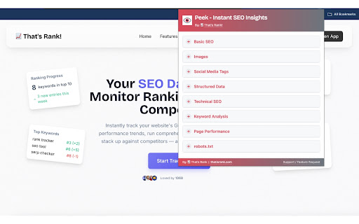 Peek: Instant SEO Analyzer Inspector from Chrome web store to be run with OffiDocs Chromium online Peek: Instant SEO Analyzer Inspector from Chrome web store to be run with OffiDocs Chromium online