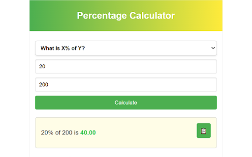 Percentage Calculator from Chrome web store to be run with OffiDocs Chromium online Percentage Calculator from Chrome web store to be run with OffiDocs Chromium online