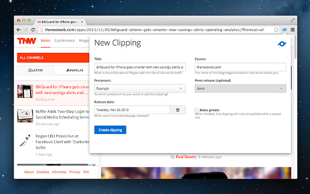 Pr.co clippings extension from Chrome web store to be run with OffiDocs Chromium online Pr.co clippings extension from Chrome web store to be run with OffiDocs Chromium online
