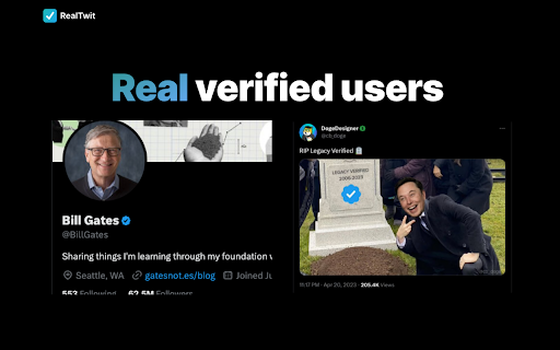 RealTwit See Real Twitter Blue Checkmarks from Chrome web store to be run with OffiDocs Chromium online RealTwit See Real Twitter Blue Checkmarks from Chrome web store to be run with OffiDocs Chromium online