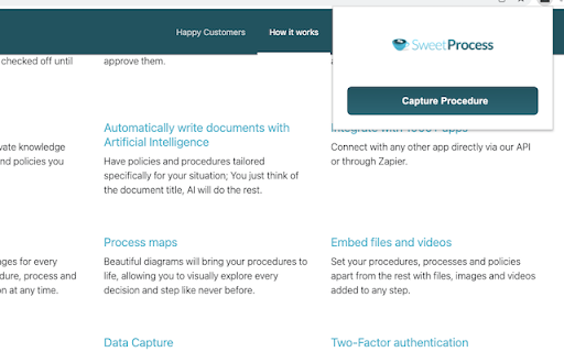 Record Procedure SOPs SweetProcess from Chrome web store to be run with OffiDocs Chromium online Record Procedure SOPs SweetProcess from Chrome web store to be run with OffiDocs Chromium online
