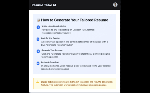 Resume Tailor AI Browser Extension from Chrome web store to be run with OffiDocs Chromium online Resume Tailor AI Browser Extension from Chrome web store to be run with OffiDocs Chromium online
