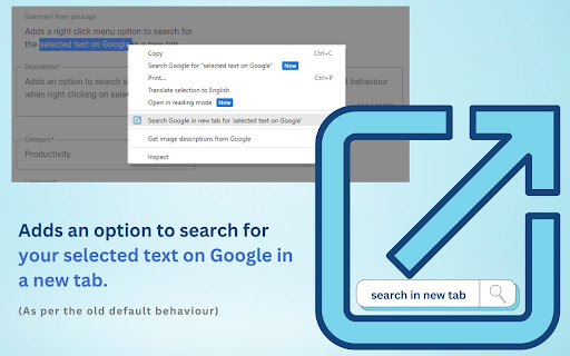 Right Click Search Google in New Tab from Chrome web store to be run with OffiDocs Chromium online Right Click Search Google in New Tab from Chrome web store to be run with OffiDocs Chromium online
