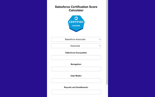 Salesforce Certification Score Calculator from Chrome web store to be run with OffiDocs Chromium online Salesforce Certification Score Calculator from Chrome web store to be run with OffiDocs Chromium online