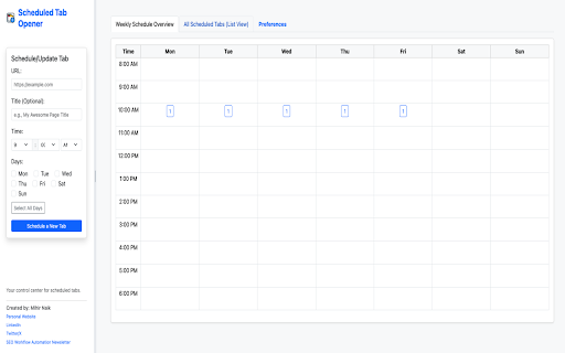 Scheduled Tab Opener from Chrome web store to be run with OffiDocs Chromium online Scheduled Tab Opener from Chrome web store to be run with OffiDocs Chromium online