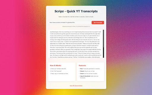 Scripz YouTube Transcript Viewer from Chrome web store to be run with OffiDocs Chromium online Scripz YouTube Transcript Viewer from Chrome web store to be run with OffiDocs Chromium online