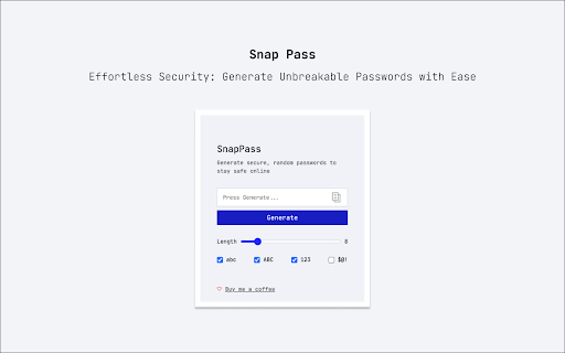 SnapPass Password Generator from Chrome web store to be run with OffiDocs Chromium online SnapPass Password Generator from Chrome web store to be run with OffiDocs Chromium online